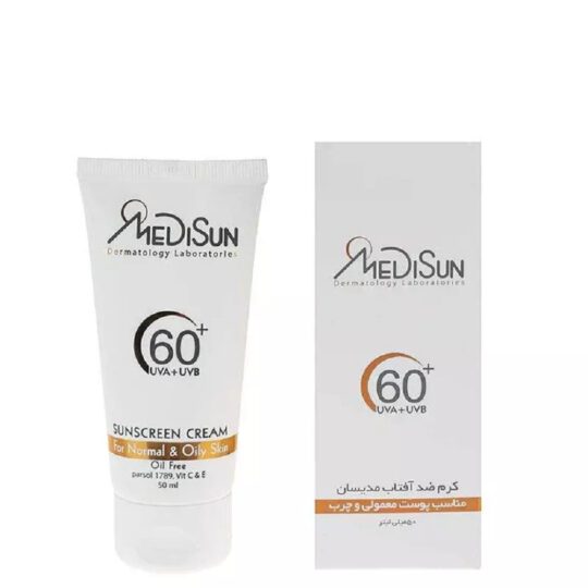 کرم ضد آفتاب فاقد رنگ مدیسان مخصوص پوست های معمولی و چرب با +SPF 60 حجم 50 میل
