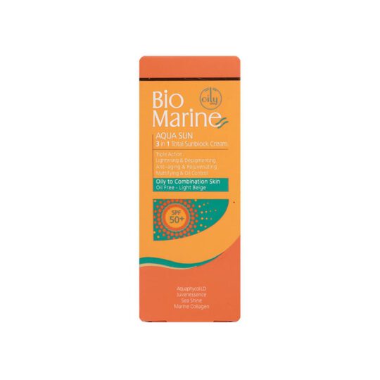 کرم ضد آفتاب روشن کننده و ضد چروک SPF50 بایومارین مدل AQUA SUN مناسب پوست های چرب و مختلط رنگ بژروشن حجم 50 میل